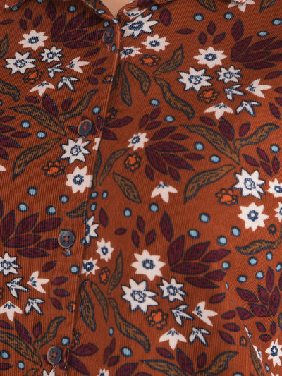 Brown Floral Print 100% Cotton Shirt-Women Shirts-Crimsoune Club