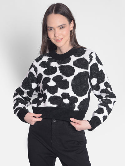 Black Printed Crop Length Sweater-Women Sweaters-Crimsoune Club