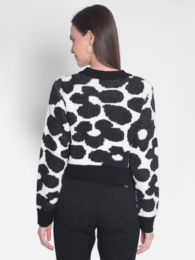 Black Printed Crop Length Sweater-Women Sweaters-Crimsoune Club