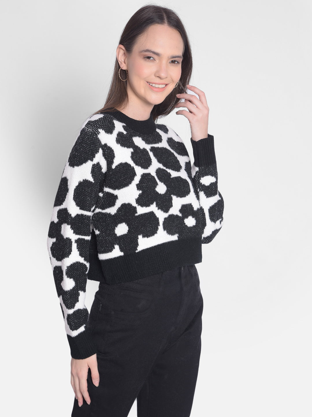 Black Printed Crop Length Sweater-Women Sweaters-Crimsoune Club