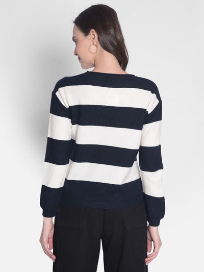 Navy Blue Striped Sweater-Women Sweaters-Crimsoune Club