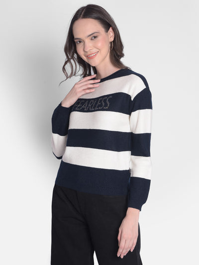 Navy Blue Striped Sweater-Women Sweaters-Crimsoune Club