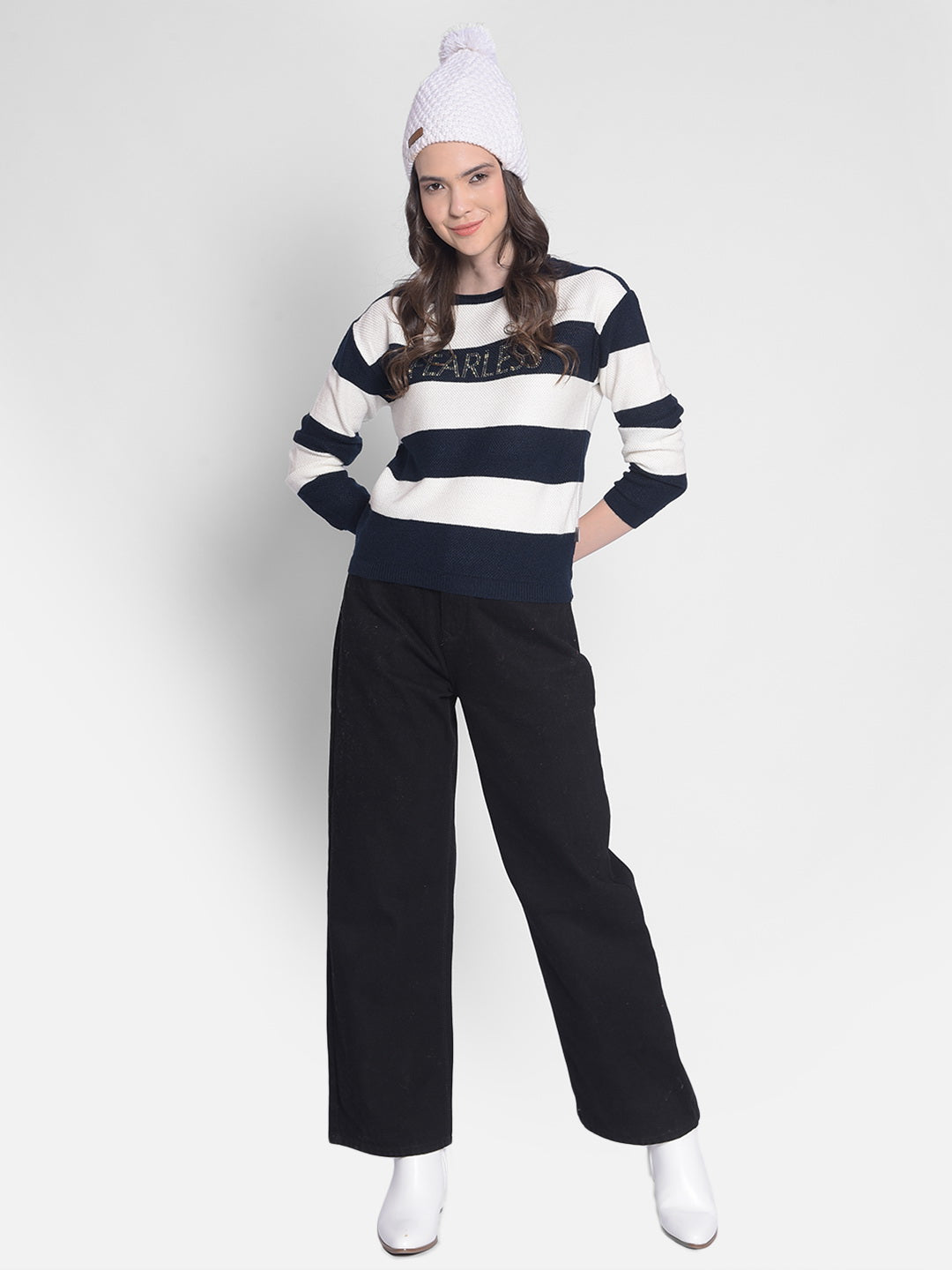 Navy Blue Striped Sweater-Women Sweaters-Crimsoune Club