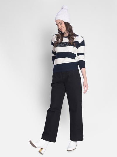 Navy Blue Striped Sweater-Women Sweaters-Crimsoune Club