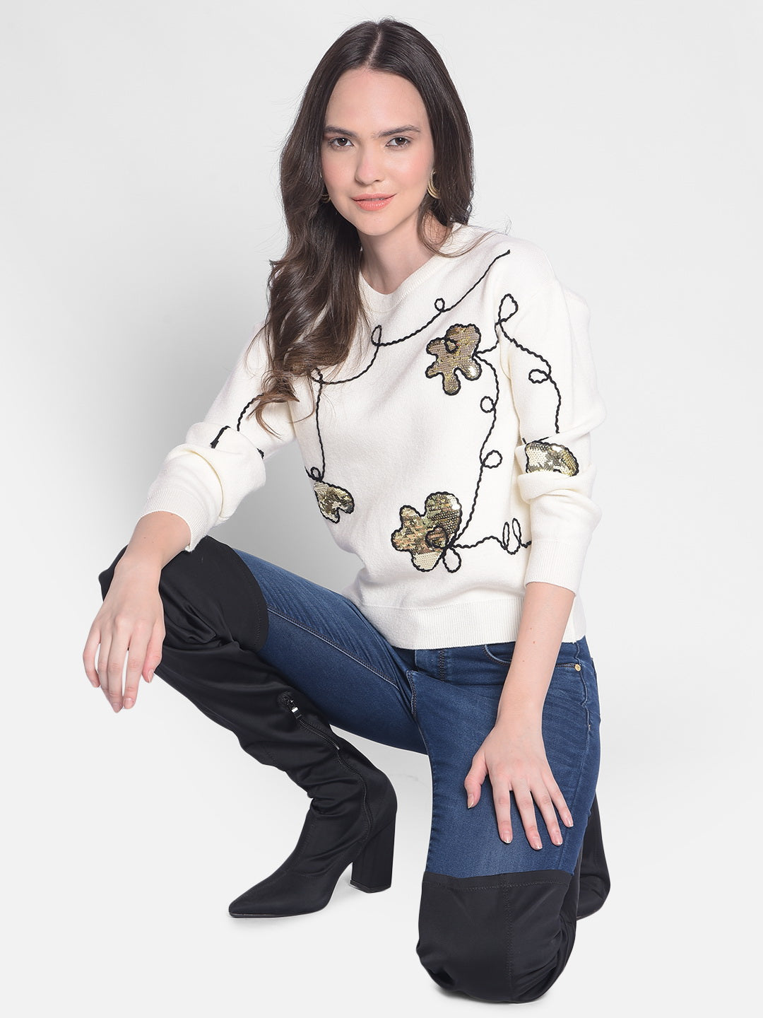 White Printed Sweater-Women Sweaters-Crimsoune Club