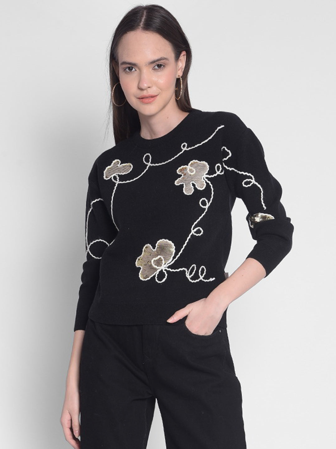 Black Printed Sweater-Women Sweaters-Crimsoune Club