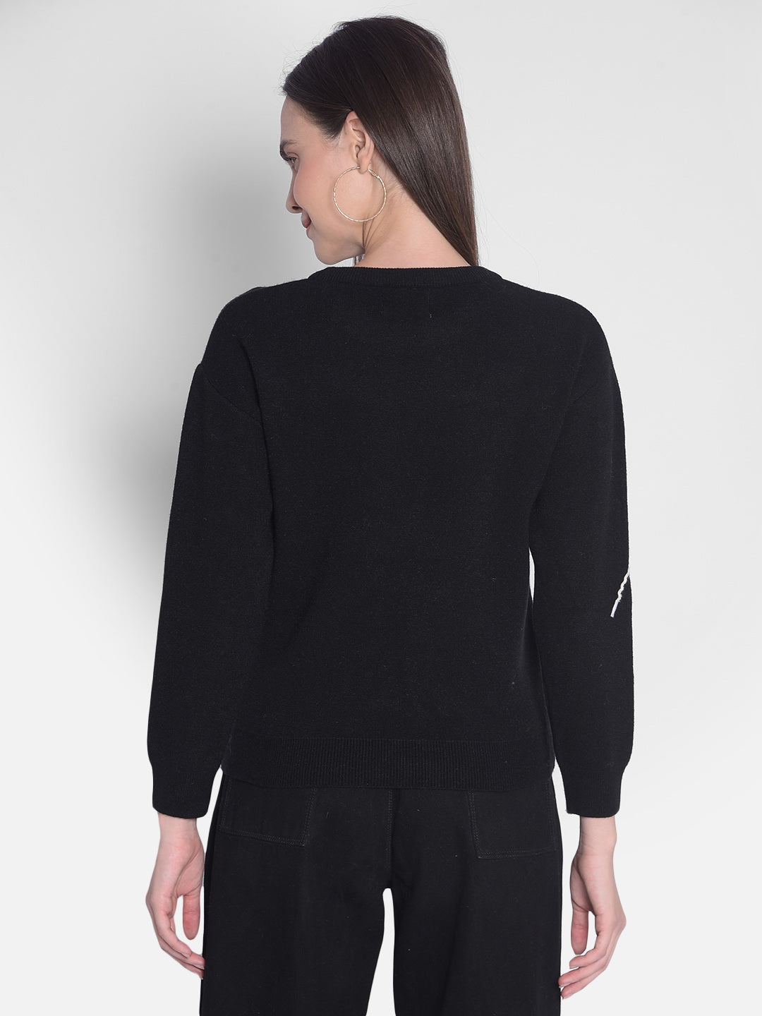 Black Printed Sweater-Women Sweaters-Crimsoune Club