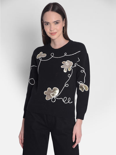 Black Printed Sweater-Women Sweaters-Crimsoune Club