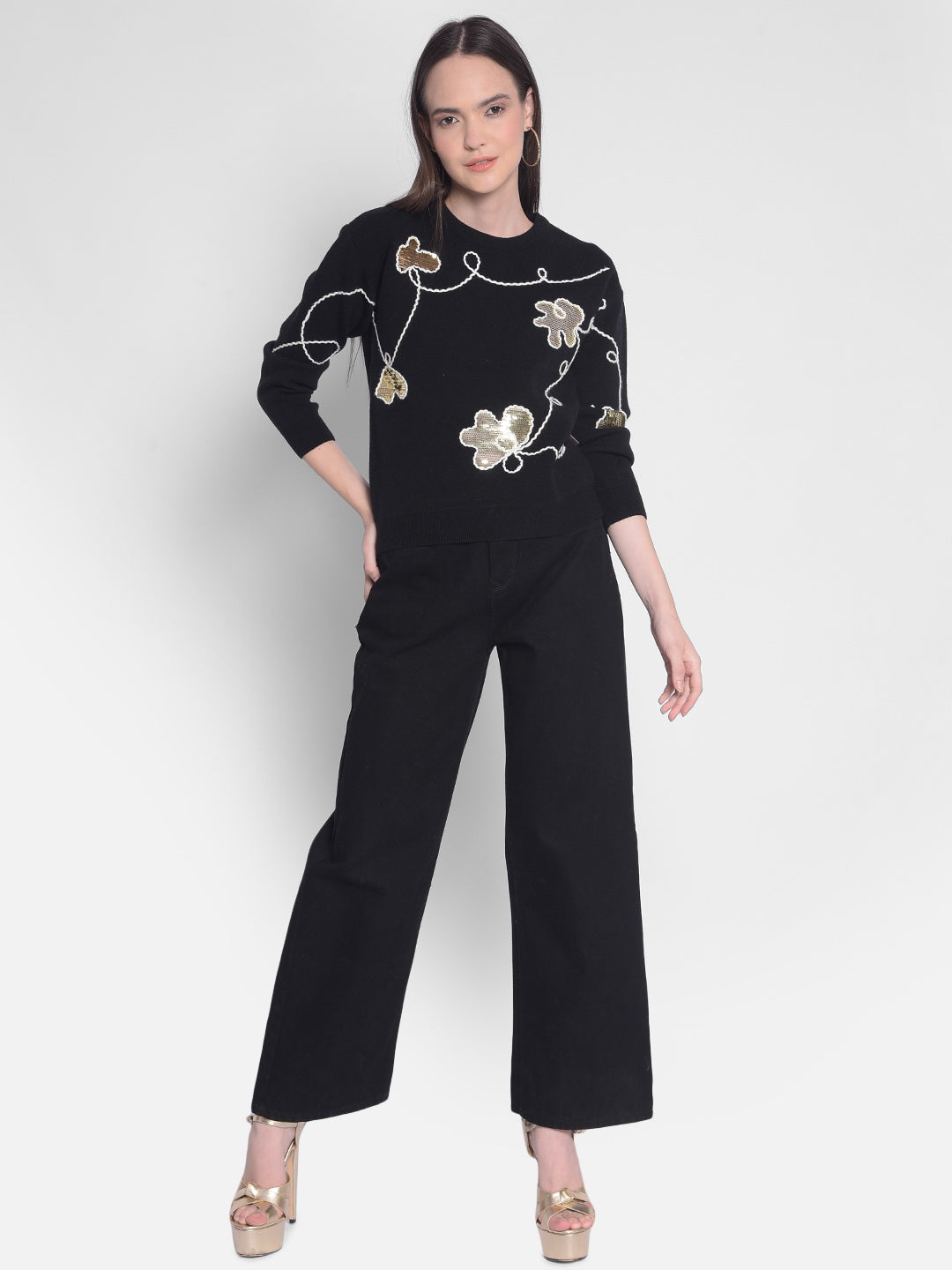 Black Printed Sweater-Women Sweaters-Crimsoune Club