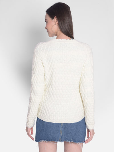 Off White Self Design Cardigan-Women Sweaters-Crimsoune Club