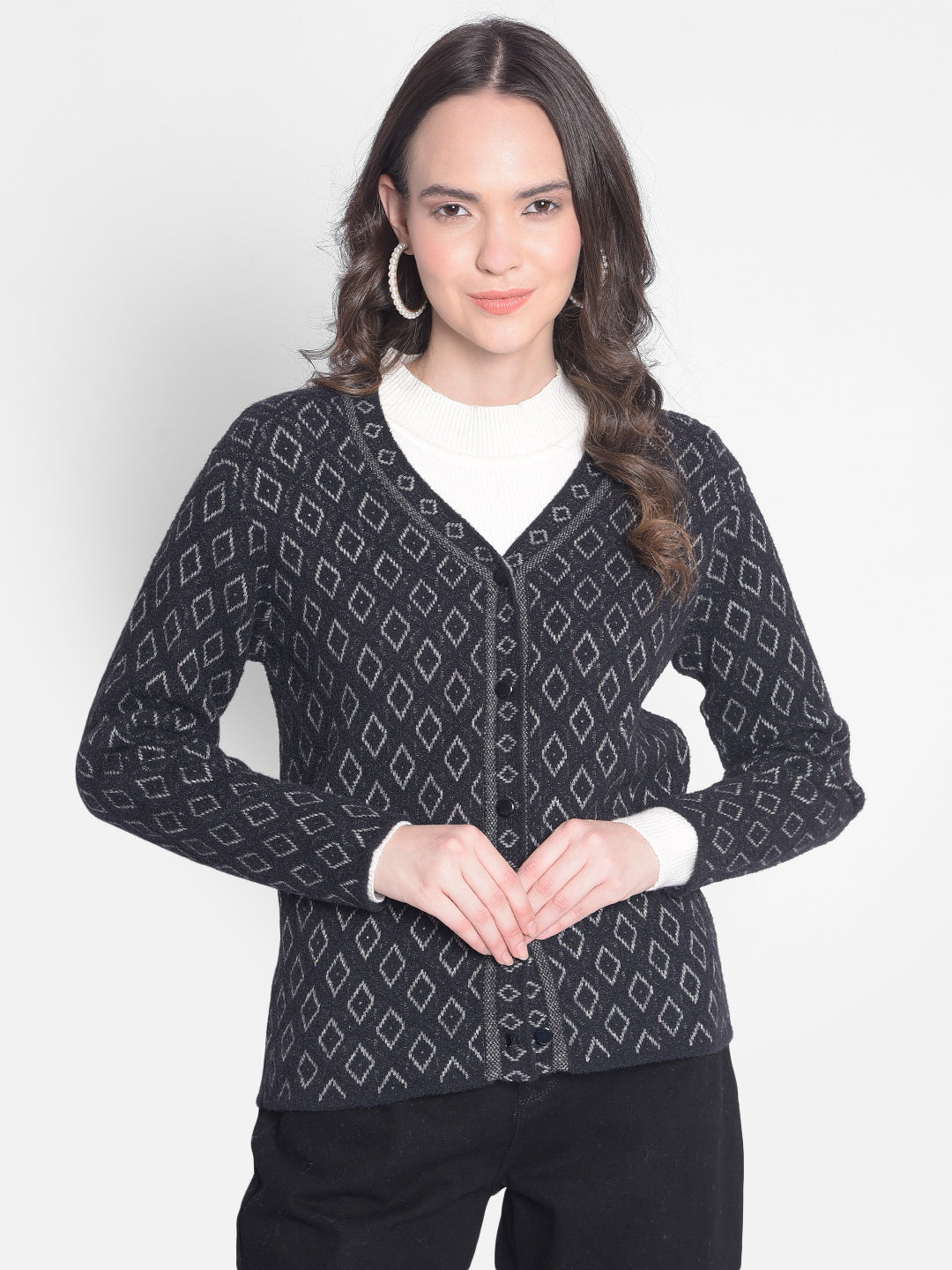 Black Printed Cardigan-Women Sweaters-Crimsoune Club