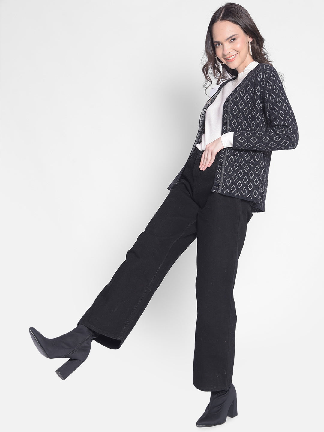 Black Printed Cardigan-Women Sweaters-Crimsoune Club