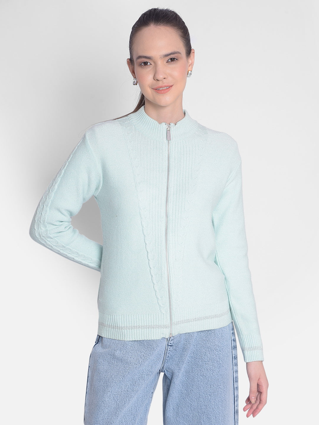 Green Self Design Sweater-Women Sweaters-Crimsoune Club