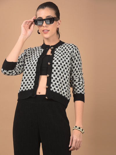 Black Jacquard Waist Length Cardigan