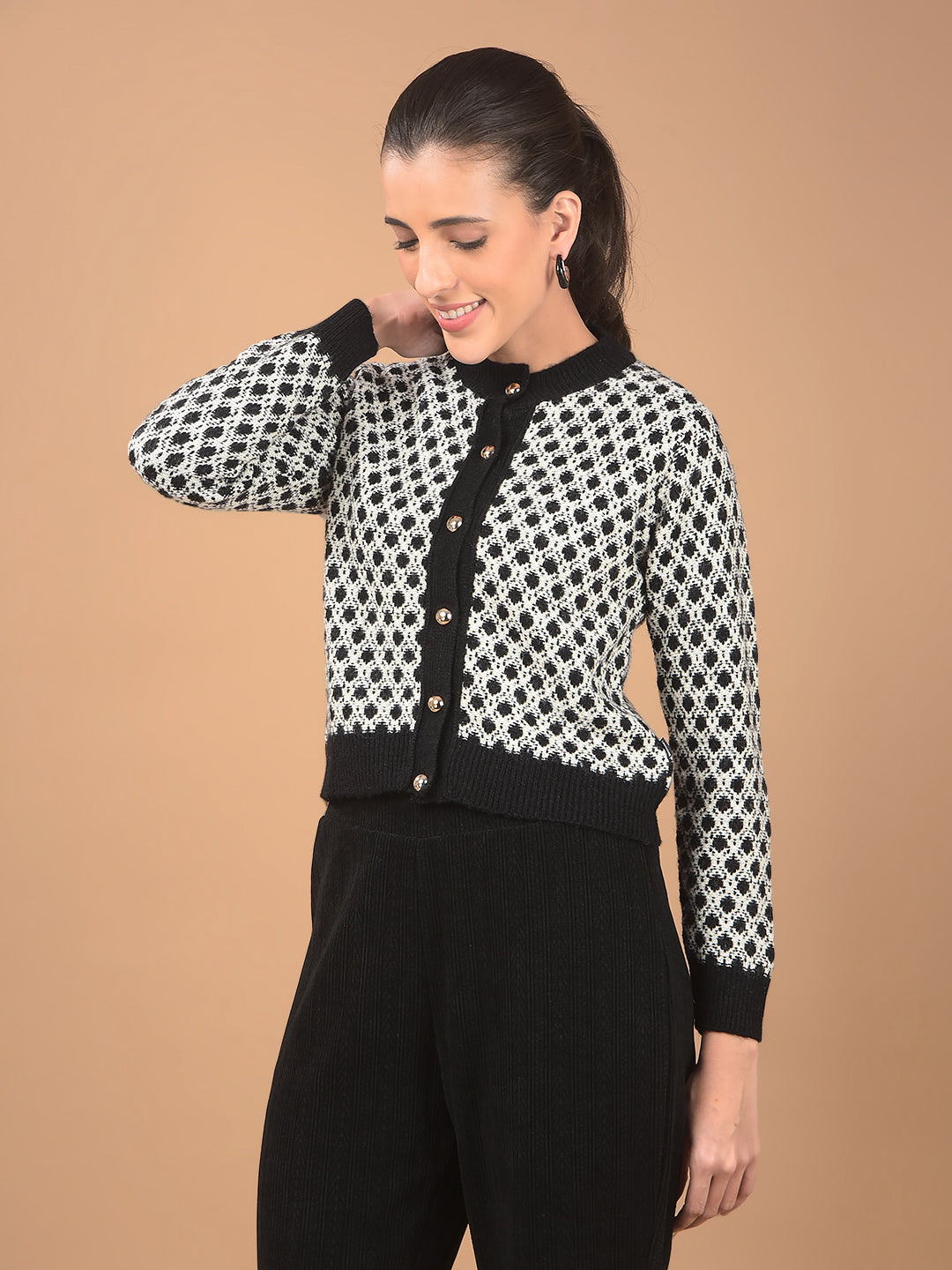 Black Jacquard Waist Length Cardigan