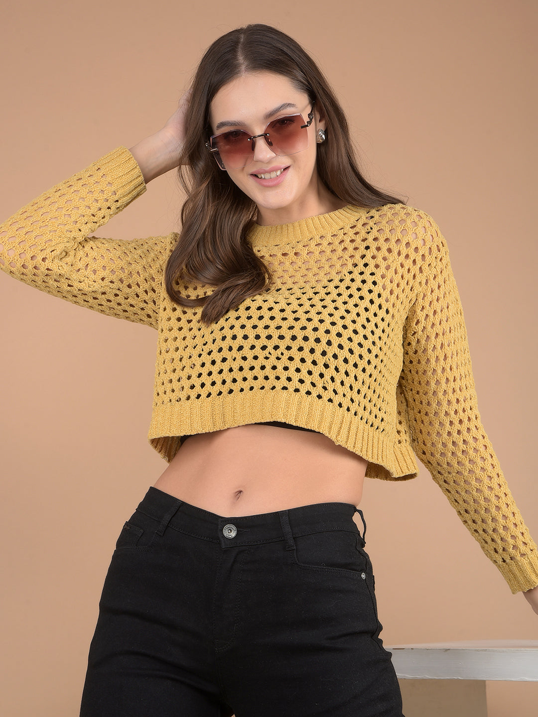 Mustard Crop Length Crochet Sweater-Women Sweaters-Crimsoune Club