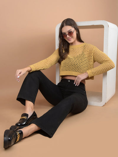 Mustard Crop Length Crochet Sweater-Women Sweaters-Crimsoune Club