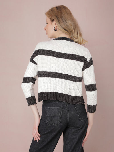 Black Horizontal Striped Crop Sweater-Women Sweaters-Crimsoune Club