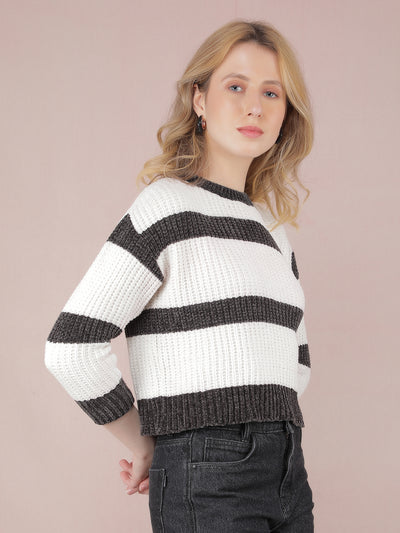 Black Horizontal Striped Crop Sweater-Women Sweaters-Crimsoune Club