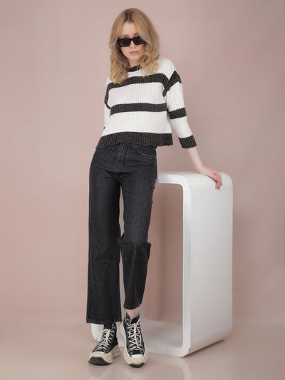 Black Horizontal Striped Crop Sweater-Women Sweaters-Crimsoune Club