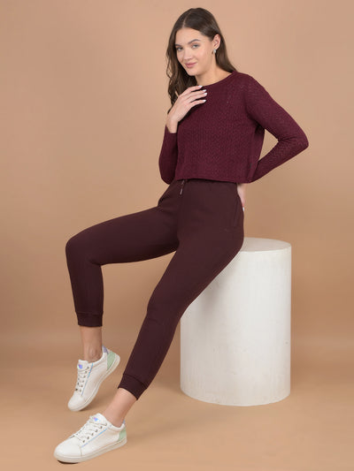 Wine Embroidered Crop Length Acrylic Sweater-Women Sweaters-Crimsoune Club