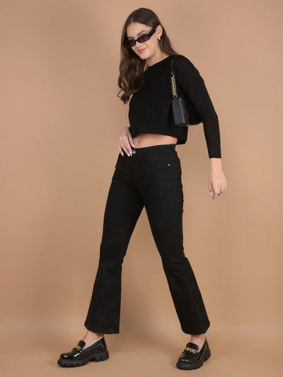 Black Embroidered Crop Length Acrylic Sweater-Women Sweaters-Crimsoune Club