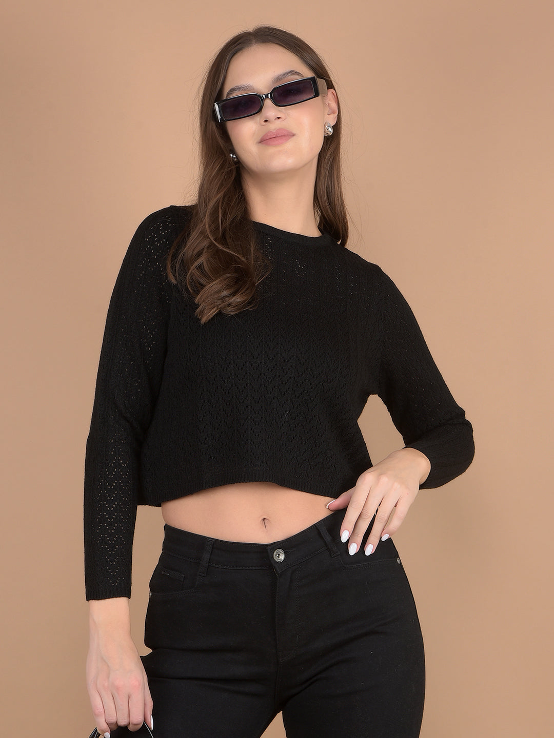 Black Embroidered Crop Length Acrylic Sweater-Women Sweaters-Crimsoune Club