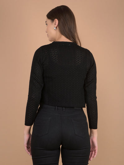 Black Embroidered Crop Length Acrylic Sweater-Women Sweaters-Crimsoune Club