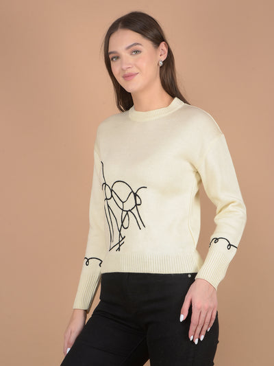 Cream Printed Acrylic Sweater-Women Sweaters-Crimsoune Club