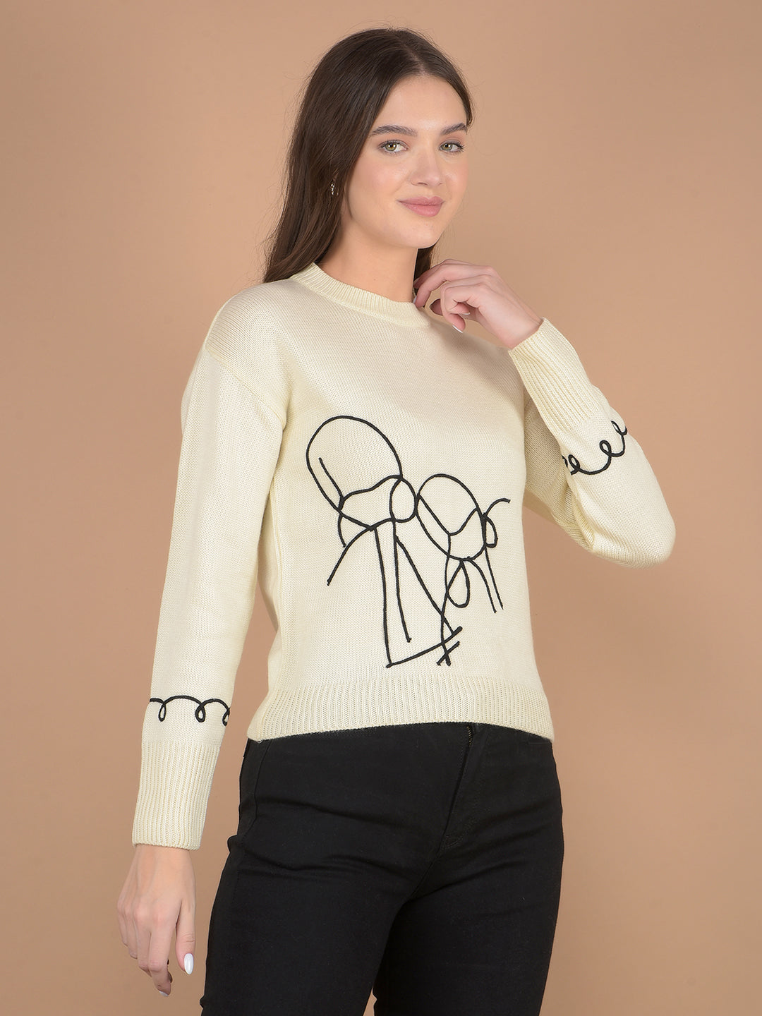 Cream Printed Acrylic Sweater-Women Sweaters-Crimsoune Club