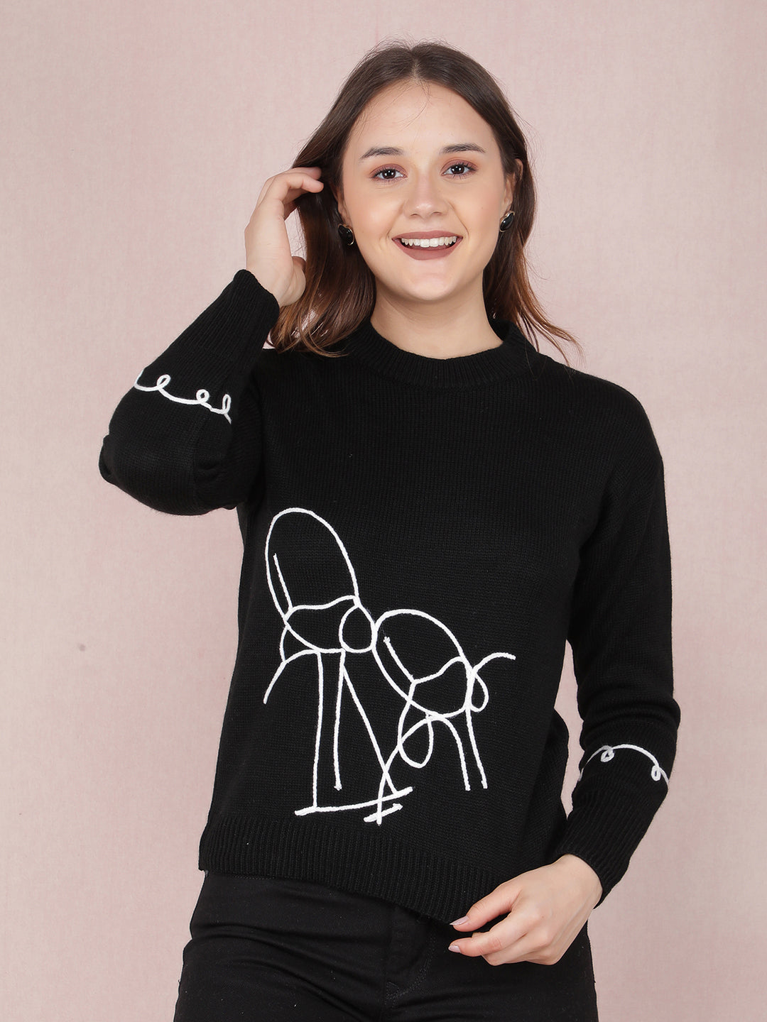 Black Graphic Print Acrylic Sweater-Women Sweaters-Crimsoune Club