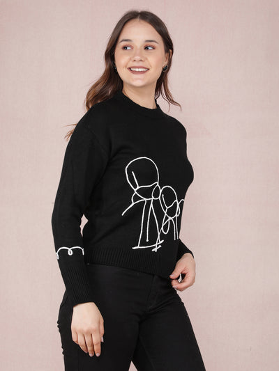 Black Graphic Print Acrylic Sweater-Women Sweaters-Crimsoune Club