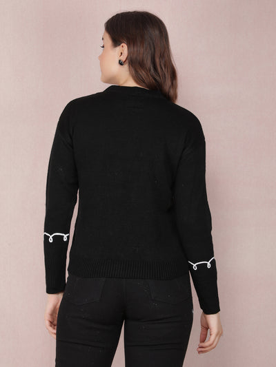 Black Graphic Print Acrylic Sweater-Women Sweaters-Crimsoune Club