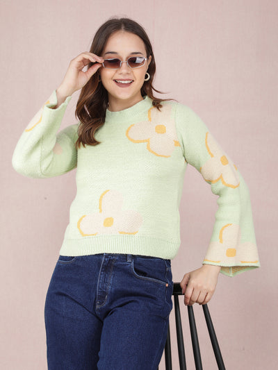 Green Floral Print Sweater-Women Sweaters-Crimsoune Club