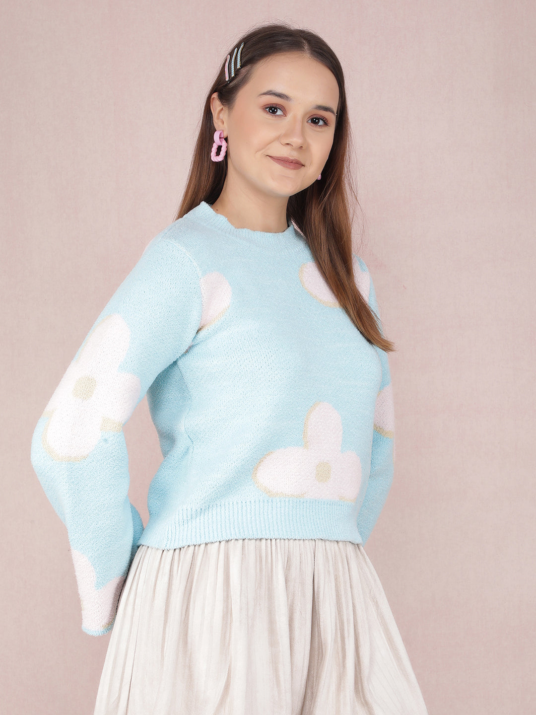 Blue Floral Print Sweater-Women Sweaters-Crimsoune Club