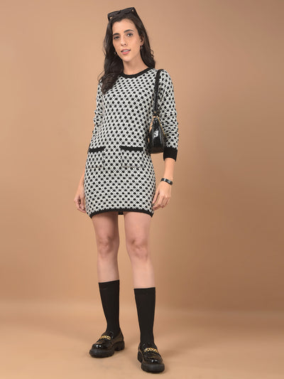 Grey Jacquard Mini-Length Knitted Dress