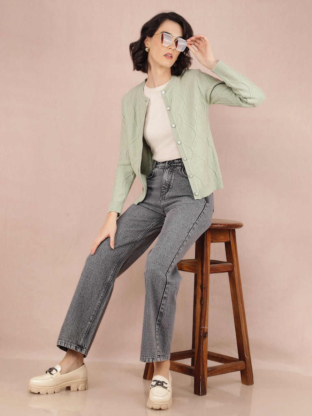 Green Jacquard Acrylic Cardigan-Women Sweaters-Crimsoune Club