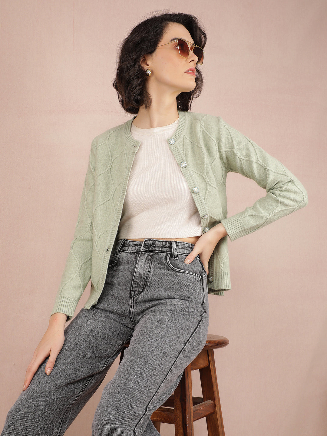 Green Jacquard Acrylic Cardigan-Women Sweaters-Crimsoune Club