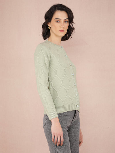 Green Jacquard Acrylic Cardigan-Women Sweaters-Crimsoune Club