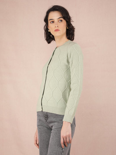 Green Jacquard Acrylic Cardigan-Women Sweaters-Crimsoune Club