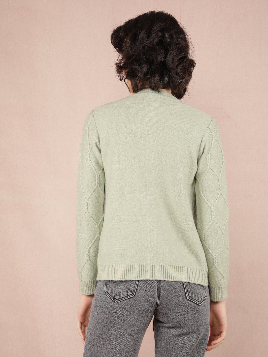 Green Jacquard Acrylic Cardigan-Women Sweaters-Crimsoune Club