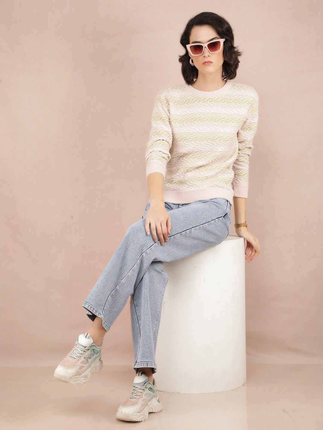 Peach Jacquard Acrylic Sweater-Women Sweaters-Crimsoune Club