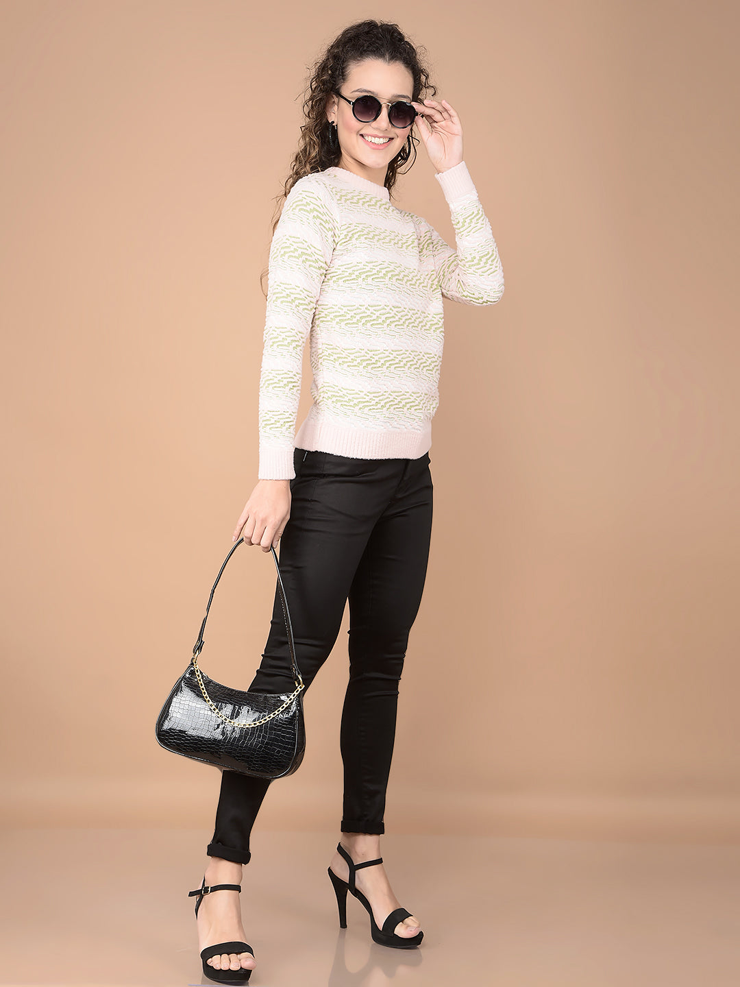 Peach Jacquard Acrylic Sweater-Women Sweaters-Crimsoune Club