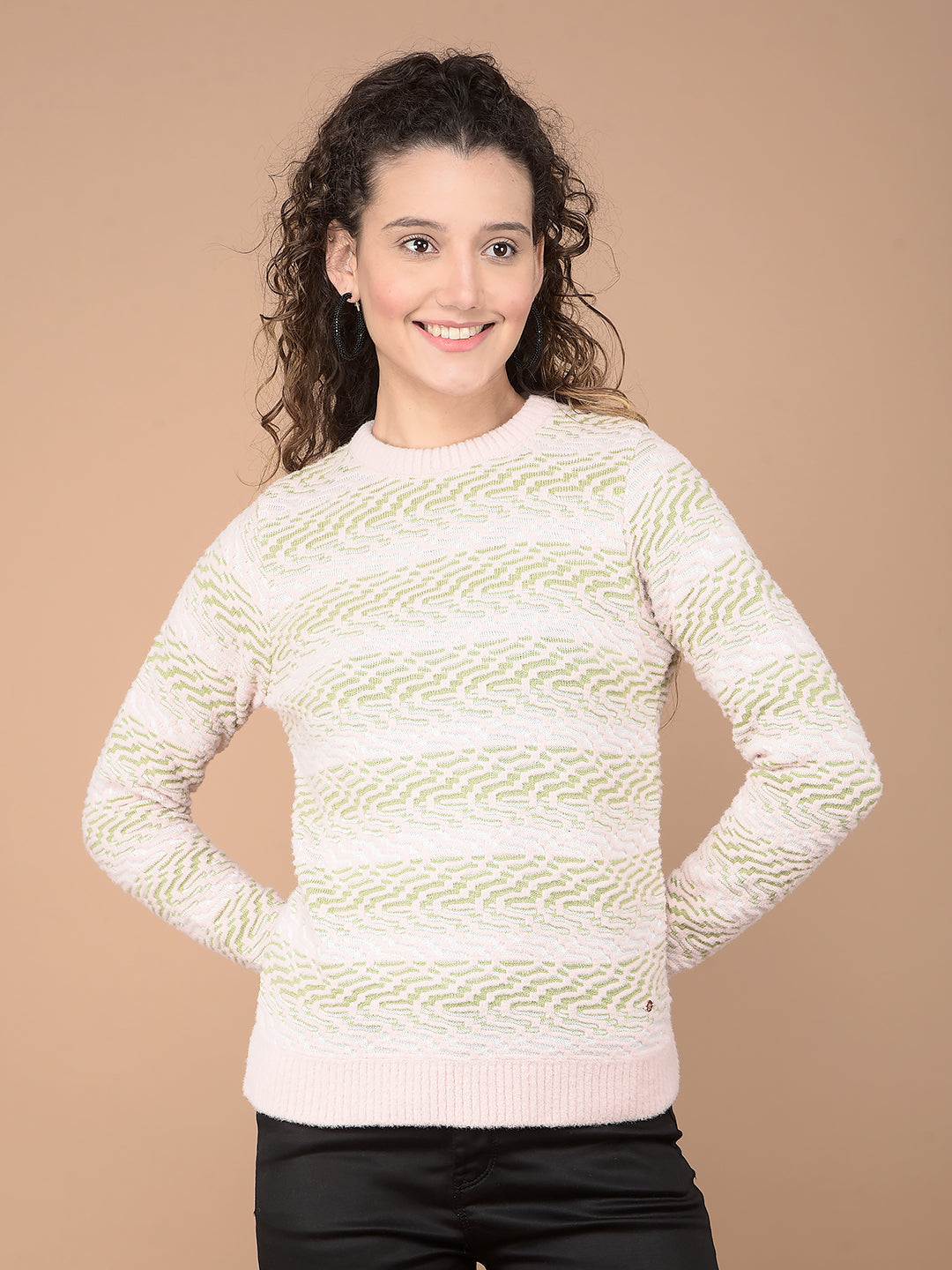 Peach Jacquard Acrylic Sweater-Women Sweaters-Crimsoune Club