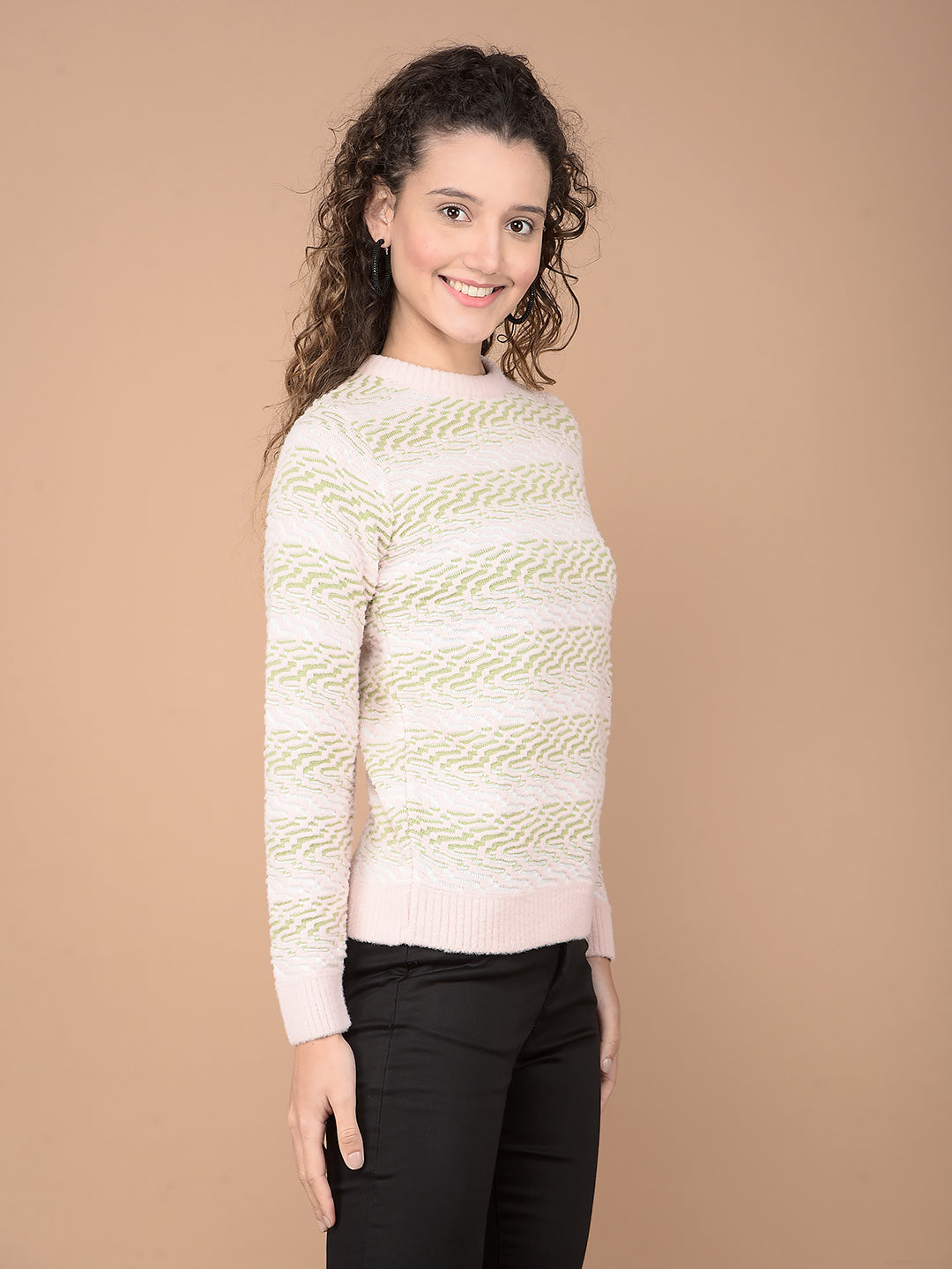 Peach Jacquard Acrylic Sweater-Women Sweaters-Crimsoune Club