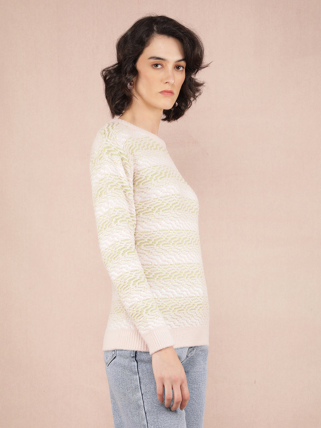 Peach Jacquard Acrylic Sweater-Women Sweaters-Crimsoune Club