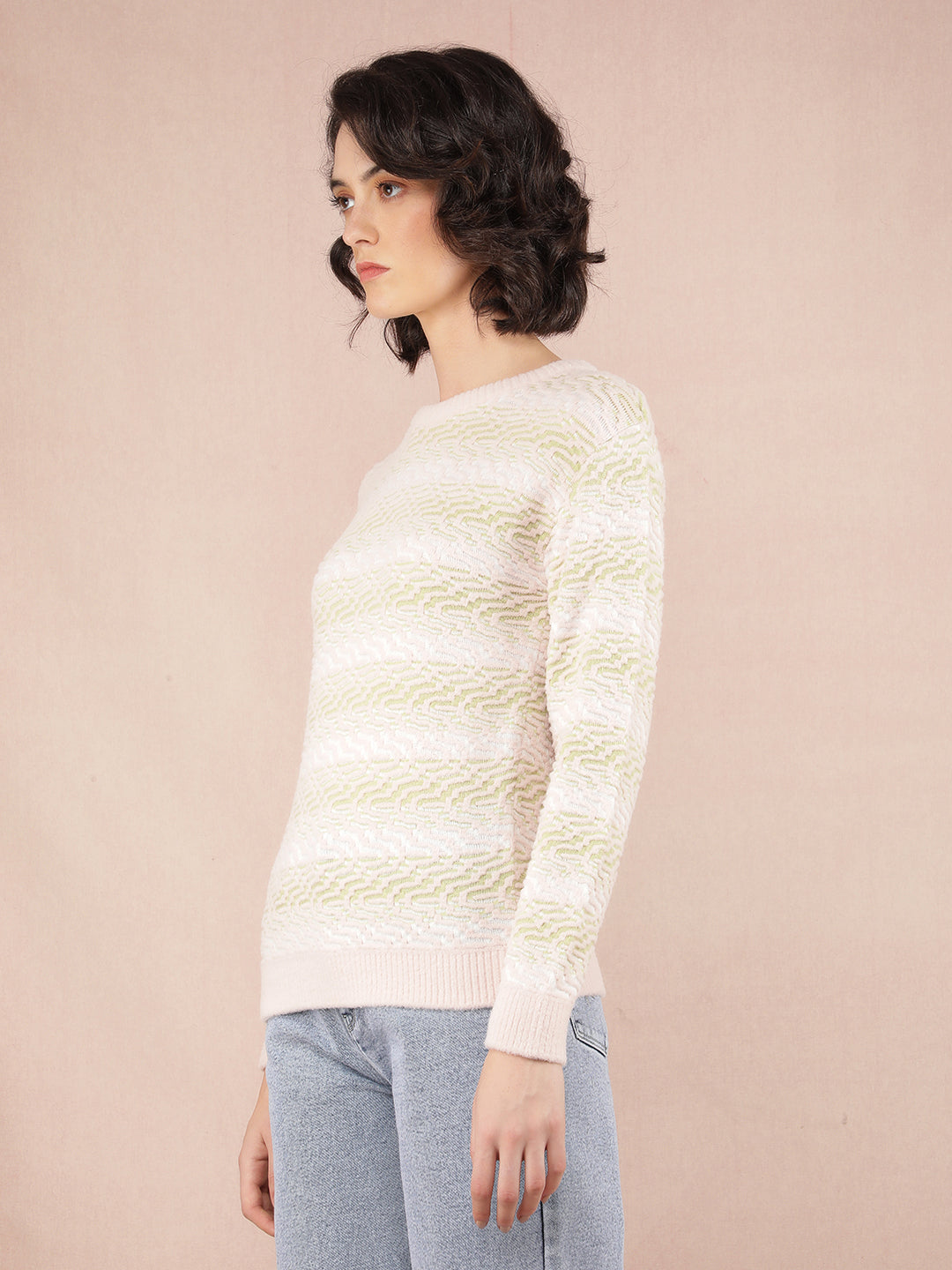 Peach Jacquard Acrylic Sweater-Women Sweaters-Crimsoune Club