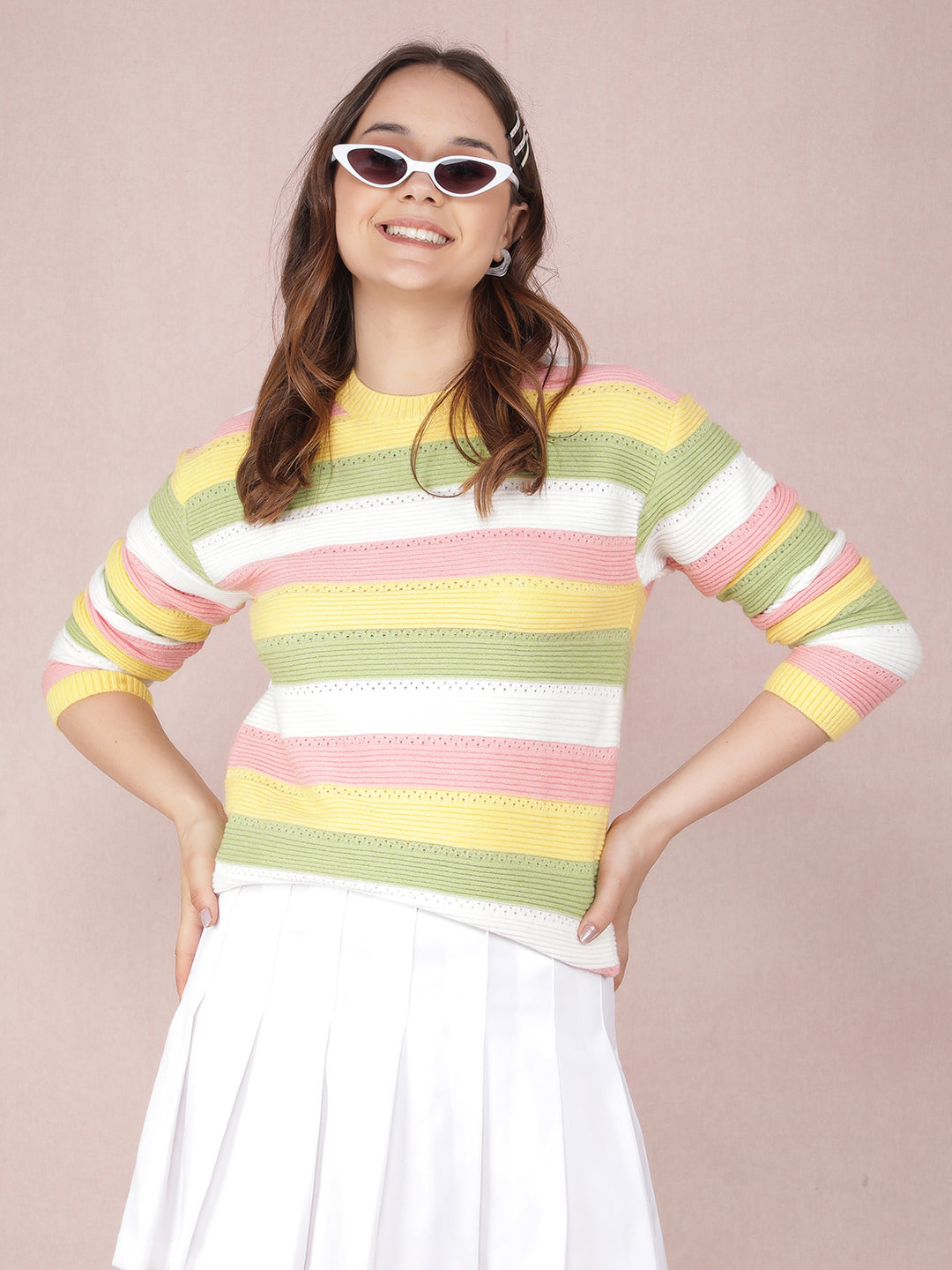 Yellow Horizontal Striped Long Acrylic Sweater-Women Sweaters-Crimsoune Club