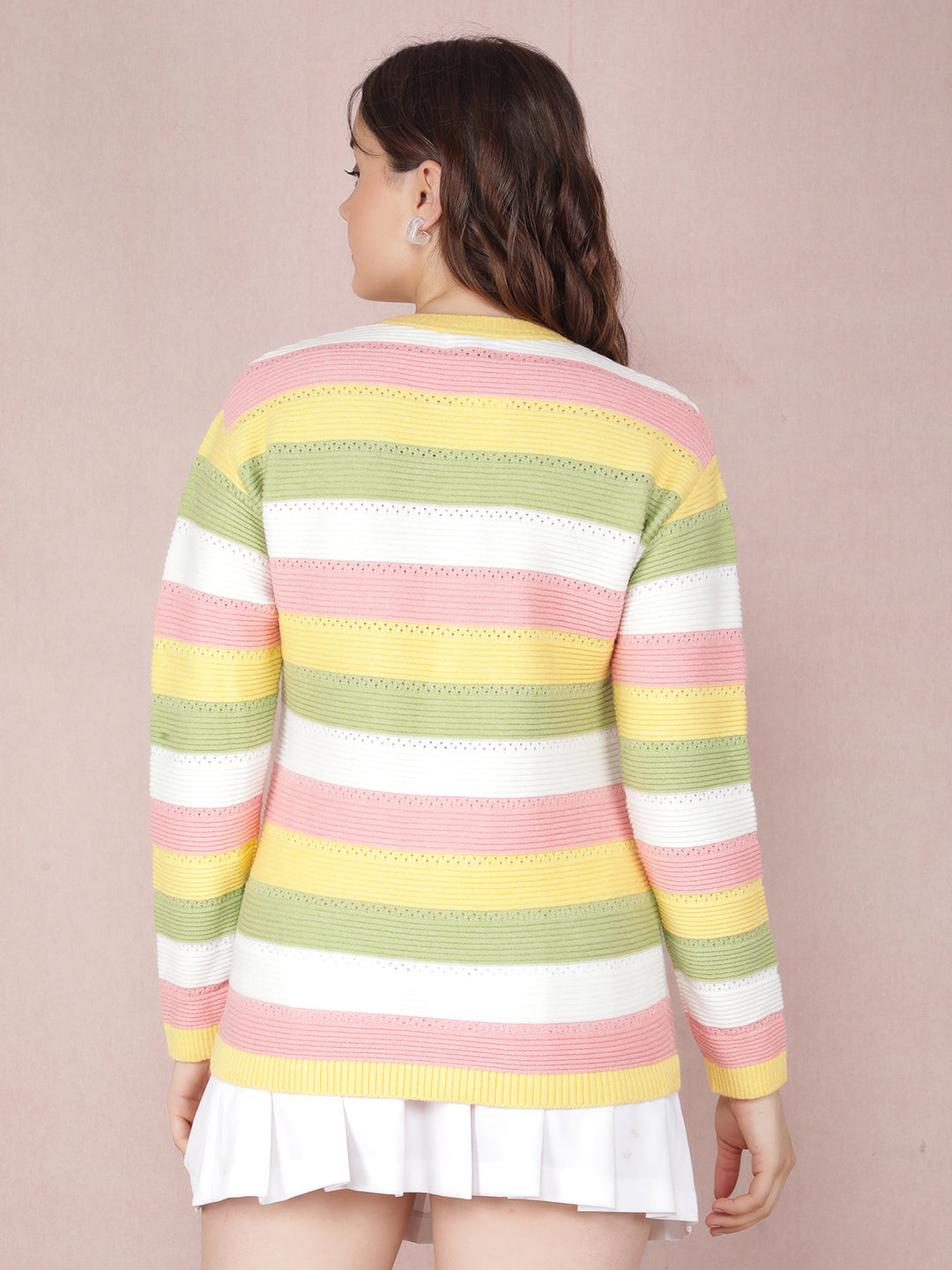 Yellow Horizontal Striped Long Acrylic Sweater-Women Sweaters-Crimsoune Club