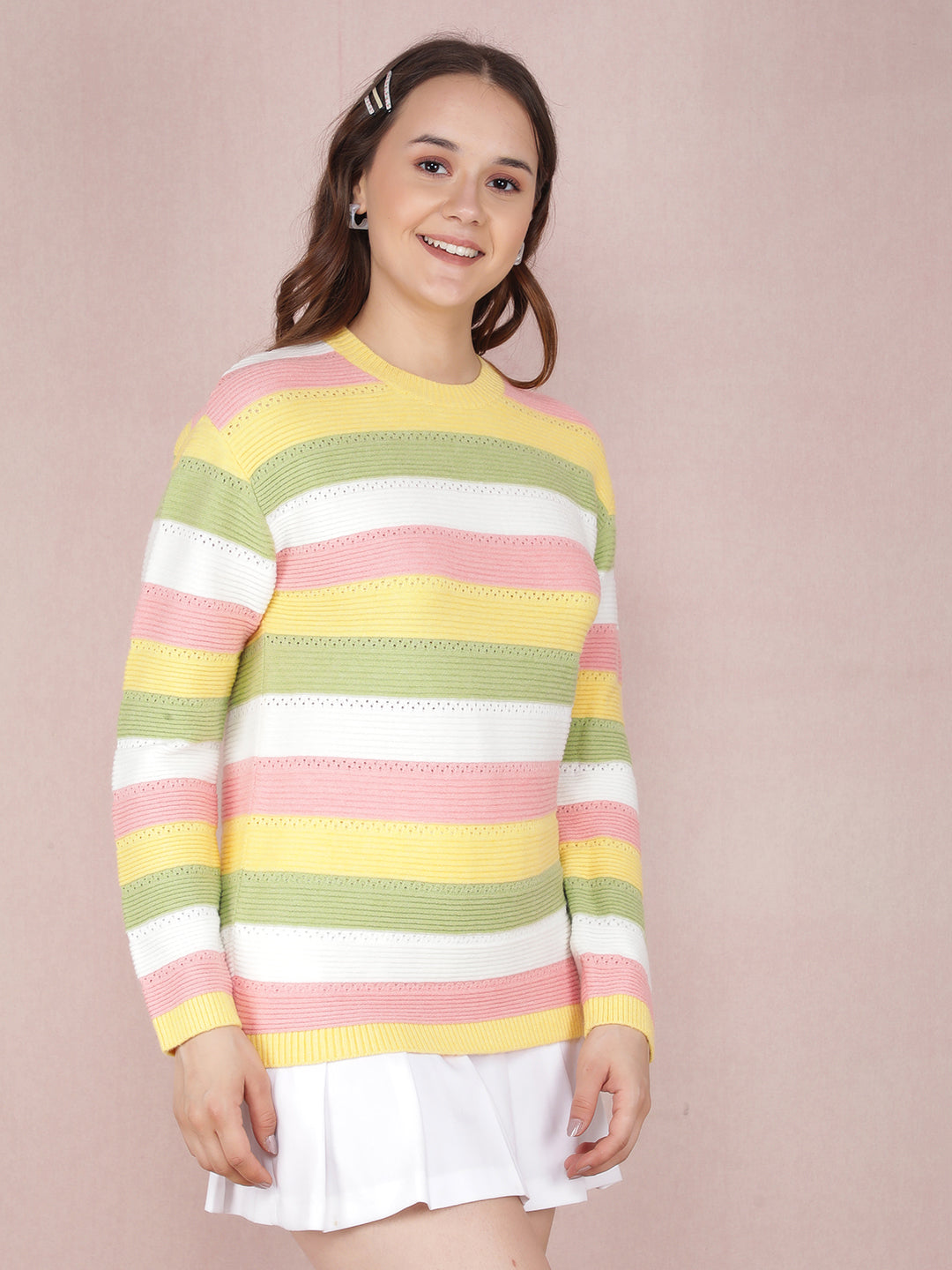 Yellow Horizontal Striped Long Acrylic Sweater-Women Sweaters-Crimsoune Club